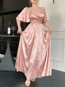 DAZY 夏季婚礼和派对礼服，方领设计，褶皱，高端缎面花卉提花中长连衣裙，适合女士 - 粉色 - 查看 2