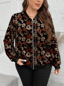 EMERY ROSE 休闲复古枫叶印花加大码女式夹克，适合秋冬季女士花卉夹克女士飞行员夹克秋季飞行员夹克花卉飞行员夹克女士秋季夹克 - 彩色 - 查看 5