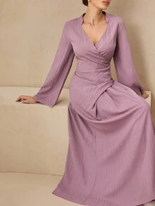 Graceveil Women's Casual Textured Fabric Cross Collar Cinched Waist Dress With Back Tie, Purple, Autumn/Winter - Purple - View 7