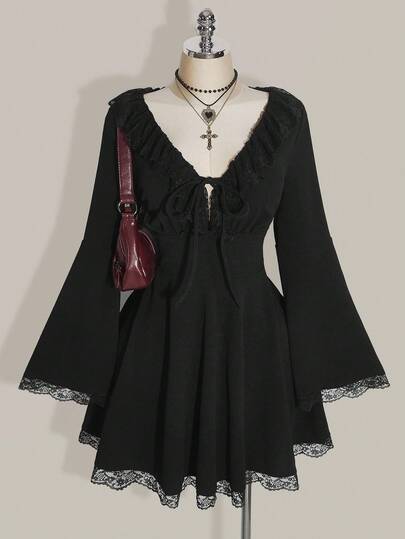 SHEIN ICON Plus Size V-Neck Front Tie Bow Ruffle Lace Trim Flare Sleeve Cinched Waist A-Line Princess Dress, Lace Patchwork Midi Dress, Y2K Retro Sweet Dress