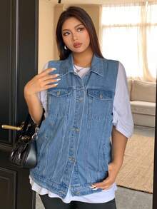 Dazy Plus Washed Blue Faded Collar Loose Sleeveless Denim Vest/Jacket - Blue - View 4