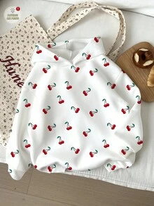 少女休闲可爱蝴蝶结樱桃波点印花宽松圆领舒适长袖卫衣，适合秋冬季节穿着。 - 彩色 - 查看 2
