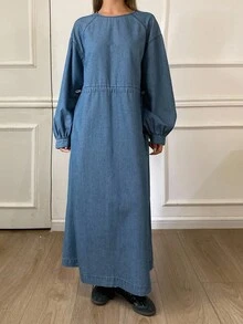 DAZY Women's Round Neck Cinched Waist Casual Denim Dress - Blue - View 3