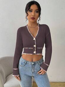 EMERY ROSE 女士秋季落肩长袖单排扣短款休闲优雅开衫 - 咖啡棕 - 查看 4