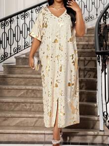 SHEIN Lady 春夏秋冬优雅派对通勤办公室彩色编织缺口舞会礼服短袖卡夫坦连衣裙大码连衣裙 - 彩色 - 查看 4