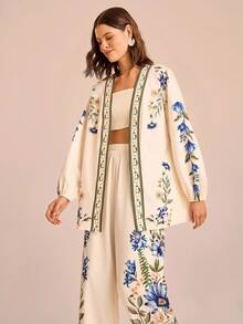 CAJUNI 女式杏色底蓝色和粉色花卉印花灯笼袖宽松休闲长假和服罩衫 - 彩色 - 查看 8