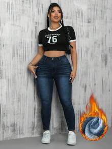 SHEIN EZwear 大码女式高腰口袋保暖内衬紧身休闲百搭牛仔裤/冬季 - 深色水洗藍 - 查看 6