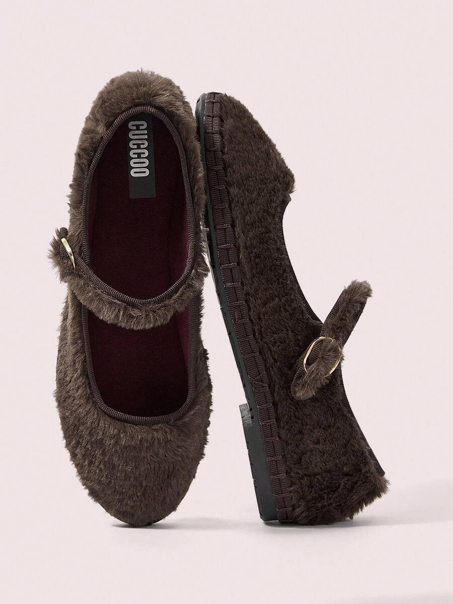 CUCCOO DOLLMOD Giày bệt Mary Jane lông giả cổ điển ấm áp thoải mái dành cho nữ mùa thu/đông, thời trang và thanh lịch màu nâu đậm - màu nâu - Xem 1