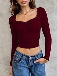 Lunelith SHEIN Lunessa Top à manches longues ajusté et court, avec décoration de nœud, volants en dentelle et patchwork, pour sortie