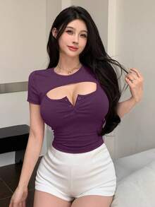 DAZY 镂空修身短款短袖女式T恤，夏季 - 紫色 - 查看 2