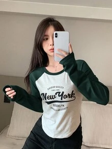 DAZY 字母图案撞色插肩袖弧形下摆 T 恤，秋季服装长袖女式上衣 - 墨綠色 - 查看 3