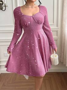 Flirla Plus Size Women's Elegant Lace & Metallic Thread Long Sleeve Party Dress Party Gathering Dance Date Dinner Party Banquet - Dusty Pink - View 3