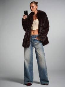 SHEIN BAE 女款毛茸茸純色翻領長袖時尚百搭外套 秋冬款 - 棕色 - 查看 6