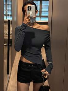 DAZY Áo thun nữ dáng ôm, viền bất đối xứng, quần áo mùa thu dài tay cho nữ - Màu xám đen - Xem 8