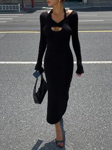 DAZY Women's Autumn Halter Neck Fitted Hollow Out Long Dress Maxi Dress - Black - View 1