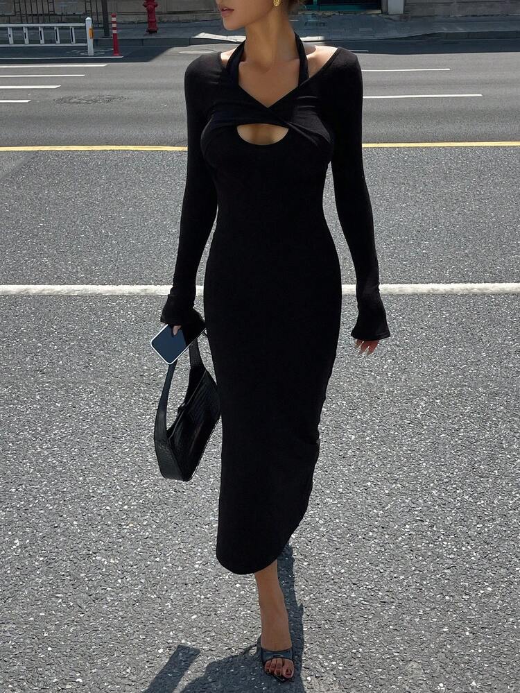 Women's Autumn Halter Neck Fitted Hollow Out Long Dress Maxi Dress