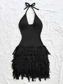 Soleia Váy ngắn hở lưng tua rua dệt kim họa tiết dành cho nữ, trang phục dự tiệc gợi cảm cho kỳ nghỉ hè trên bãi biển, thích hợp cho ngày lễ, tiệc trà chiều, mùa cưới, kỳ nghỉ du ngoạn trên biển, kỳ nghỉ đường phố, kỳ nghỉ Boho, lễ hội âm nhạc vào mùa thu/đông - màu đen - Xem 3