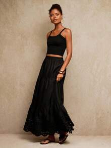Travachic Women's Elegant Embroidered Black Long Skirt,Boho Skirts,Casual,Vacation,Holiday,Autumn,Winter,Wedding Guest,Luxury Prom,Christmas Party,New Year - Black - View 3