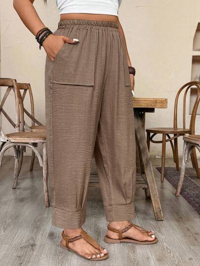 EMERY ROSE Calça Casual Estilo Linho de Cor Sólida Plus Size