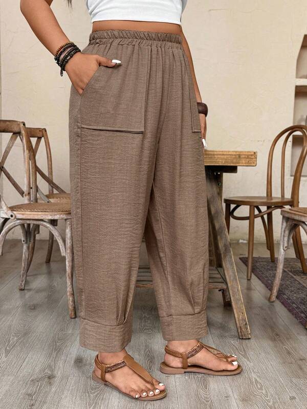 EMERY ROSE Plus Size Casual Solid Color Linen-Look Pants