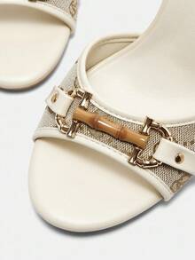 CUCCOO CURVES Beige PU Gold Retro Buckle Fashion Wide Fit Round Toe High Heel Mules - Beige - View 4