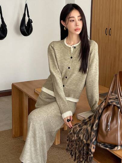 DAZY 女士休闲撞色拼布开衫和裙子两件套，秋季