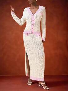 Zivah Conjunto de cárdigan con ribete de punto de cable y falda maxi con ribete rosa en contraste para otoño/invierno