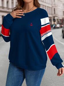 EMERY ROSE Sweat-shirt-shirt décontracté pour grandes tailles pour femmes, style collégial à rayures rouges et bleues, ambiance bohème et campagnarde pour les vacances, pour l'automne/l'hiver