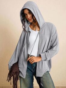 SHEIN LUNE Plus Size Drop Shoulder Drawstring Sweatshirt For Spring & Fall, Travel Airport Winter Jacket Winter Fall Grey Top, Chic Zip Up Sweatshirt, Country Look Going Out Tops Going Out Winter - Grey - View 3