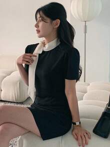 DAZY 女士立领蝴蝶结腰收腰短裙太阳裙、迷你裙、休闲女装 - 黑色 - 查看 2