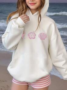SHEIN Leap Crew 少女复古海滩度假粉色海星和芙蓉花图案休闲印花长袖连帽卫衣，适合秋冬季节，营造度假氛围，迈阿密风情，轻松舒适，秋季叠穿，时尚休闲，印花卫衣，秋季必备 - 白色 - 查看 3