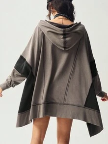 Bohemela 波西米亚风秋冬女式复古休闲针织拼接长袖宽松水洗侧开衩连帽卫衣，带口袋，西部乡村风格，适合音乐会、度假、日常穿着、返校季和万圣节等场合。 - 彩色 - 查看 2