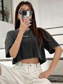 DAZY 字母图案落肩短款 T 恤 夏季 - 深灰色 - 查看 7