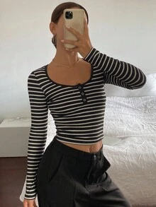 Livesso Ladies Black Striped Crew Neck Casual T-Shirt Long Sleeve Women Tops - Black - View 4