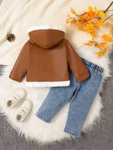 2pcs Baby Boy Fashion Fleece Jacket Paired With Casual Long Denim Set Fall Winter - Medium Wash - View 2