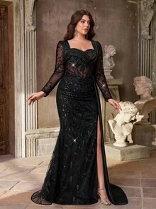 Aureia Vestido elegante y lujoso de talla grande con mangas largas transparentes, bordado, encaje con lentejuelas, satén con empalme, abertura sexy de cola de pez con volante lateral, adecuado para bodas, fiestas de solteros, vacaciones, bailes, ocasiones formales (resistente)