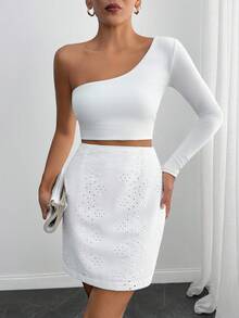 EURMUSE Women Solid Color Eyelet Embroidery And Zipper Detailed Skirts - White - View 5