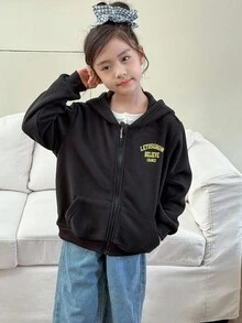 Genkimix Kids 女孩休闲羊毛连帽衫，黑色，带拉链口袋，插肩袖，徽标印花，宽松百搭夹克 - 黑色 - 查看 1