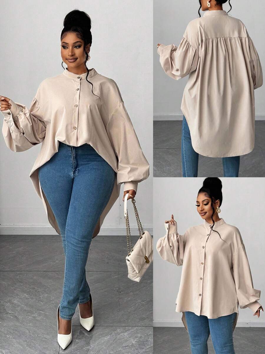 Maweii Áo sơ mi tay bồng cổ đứng dáng rộng cỡ lớn, thích hợp mặc đi làm, mùa thu/đông - Màu Khaki - Xem 1
