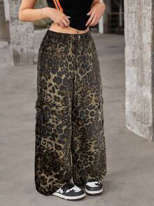 SHEIN Teen Girl Leopard Print Wide Leg Cargo Jeans Fall Winter - Brown - View 5