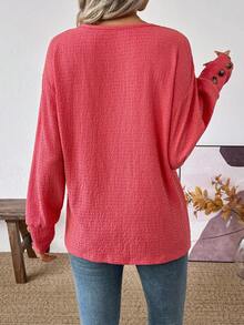 SHEIN LUNE 女式休闲纯色V领长袖上衣 - 紅色 - 查看 2