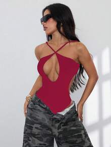 SHEIN PETITE 女士性感露背挂脖连体泳衣，适合海滩度假 - 酒紅色 - 查看 6