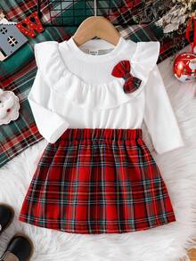SHEIN Christmas Baby Girl Outfit 2pcs Baby Girl Spring/Autumn Knitted White Long Sleeve Top + Red Plaid Skirt Set Fall Winter - Multicolor - View 3