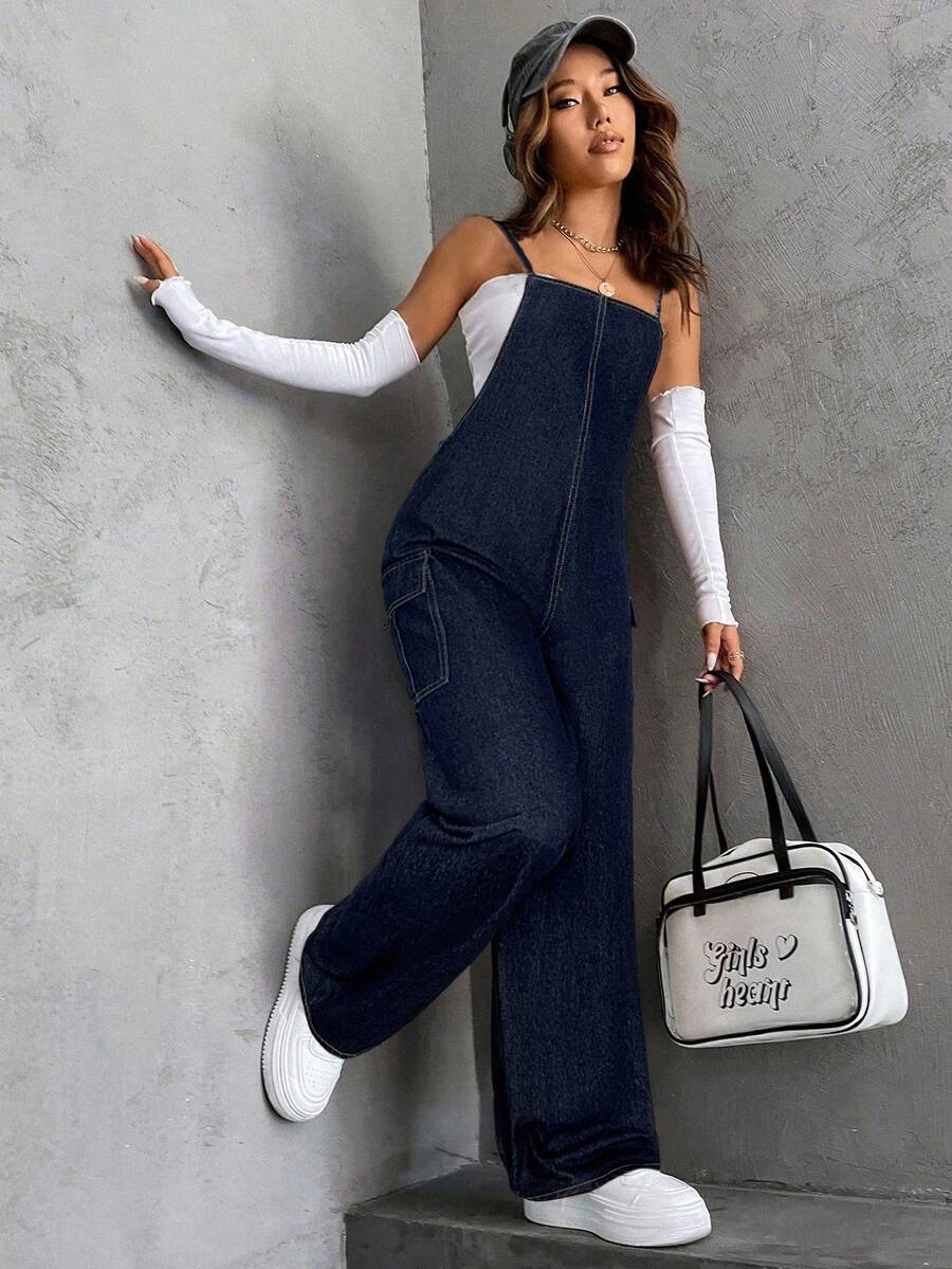 SHEIN Teen Girls Y2K Fashion Solid Washed Baggy Wide Leg Denim Jeans Overalls Jumpsuit Slanted Pocket Without Top,Casual Collegiate Style Comfortable Fashion Minimalist Practical Versatile Soft Fabric,Girls Fall Winter Clothes Back To School Homecoming Outfits,Autumn Clothes,Streetwear Outfits