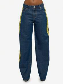 SUMWON WOMEN Linen Cotton Wide Leg High Rise Tape Stripe Detail Vintage Style Denim Jeans For Festival Streetwear Casual Outfits