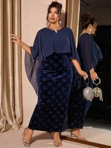 Cravure Plus Size Women's Elegant Round Neck Velvet Embossed Fitted Mermaid Formal Dress - Blue - View 3