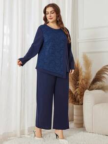 Lacomfia 2pcs Set Contrast Lace + Asymmetric Design Elegant Elegant Outfit, Navy Blue - Navy Blue - View 4