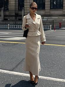 DAZY Women's Autumn Lapel NeckLong Sleeve Double-Breasted Jacket And Fish Tail Midi Skirt Elegant 2 Pieces Set - Khaki - View 4