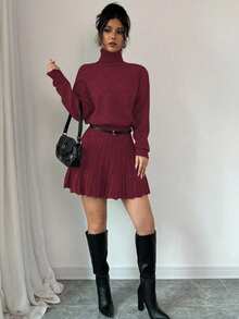 Rafferiza 2件套：纯色宽松百褶裙和高领毛衣 - 酒紅色 - 查看 5