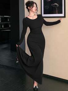 DAZY Rochie elegantă cu curea și fundă nouă pentru femei, potrivită pentru ocazii formale în toamnă și iarnă, rochie de vară maxi - Negru - Vizualizare 5